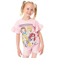 Disney Princesses Pyjamas Girls Pink Ariel Bella Cinderella Top Shorts Pjs Set