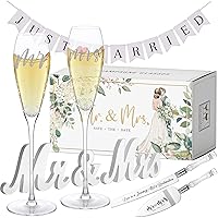 Engraved Mr and Mrs Champagne Flutes with Wooden Sign Set,Toasting Glasses for Bride and Groom,Wedding Cake Knife and Server Set with Just Married Banner for Reception and Ceremony