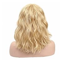 Human Hair Wig with Front Bang Blonde Body Wave Wig 12-18''Short Wavy Bob Wig Light Brown Full Machine Made Curly Remy Hair (Stretched Length : 16 inches)