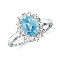Natural Swiss Blue Topaz Princess Diana Halo Ring for Women Girls in Sterling Silver / 14K Solid Gold/Platinum