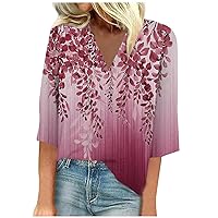 Women's Casual 3/4 Sleeve Shirts and Blouse Floral Print T-Shirts V-Neck Tops Loose Fit Tunic Spring