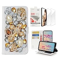 STENES Bling Wallet Phone Case Compatible with Samsung Galaxy S23 FE 5G - Stylish - 3D Handmade Mask Cross Design Leather Girls Women Cover with Screen Protector [2 Pack] - Gold