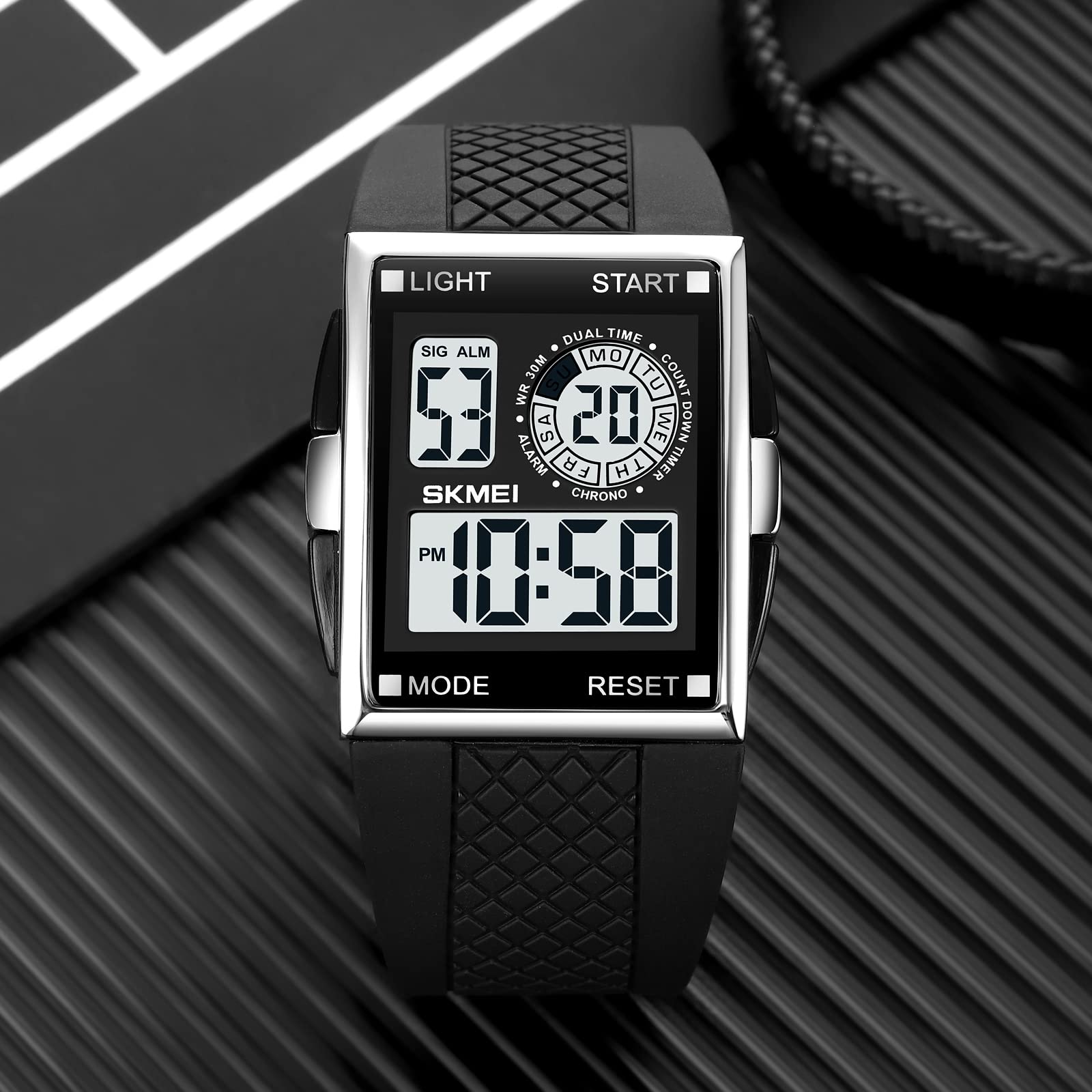 XCZAP Men's Luminous Square Digital Sports Watch Waterproof Countdown Multi-Function Watch