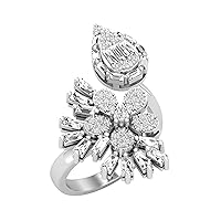 Dazzlingrock Collection Baguette, Tapered & Round White Diamond Flower Pear Style Adjustable Right Hand Cocktail Ring for Women (0.78 ctw, Color I-J, Clarity SI) in 925 Sterling Silver Size 5