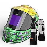 YESWELDER Large Viewing True Color Solar Powered Auto Darkening Welding Helmet with Side View& YESWELDER 16 Inches,932℉,Leather Forge MIG Welding Gloves