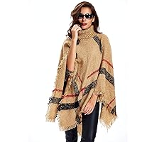 Women's Knit Plaids Shawl Turtleneck Poncho Sweaters Pullover Cape with Tassels Brims and Asymmetric Hem