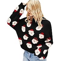 Christmas Casual Tops for Women Lantern Long Sleeve Pullover Cute Fuzzy Santa Claus Pattern Crew Neck Loose Sweaters