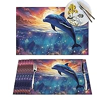 1 Placemats Set Colorful Starry Sky Ocean Dolphin Woven Place Mats for Dining Table Heat Resistant Table Mats Non-Slip Place Mats for Kitchen Washable PVC Vinyl Place Mats