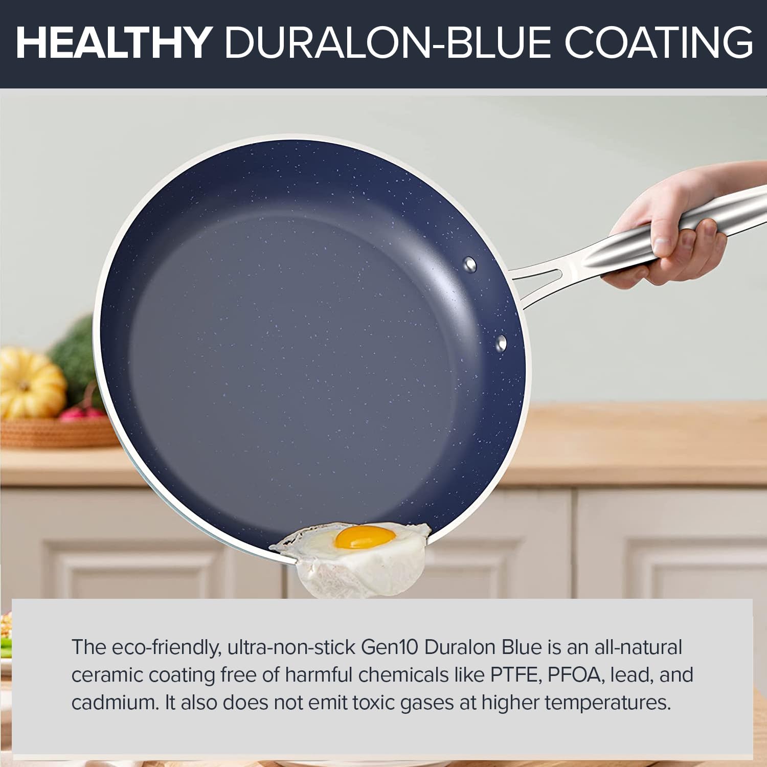 Nuwave 3-Piece 8”, 10”, 12” Forged Lightweight Frying Pan Set, G10 Healthy Duralon Blue Ceramic Ultra Non-Stick, Ergonomic Stay-Cool Handles, Induction-Ready & Works on All Cooktops