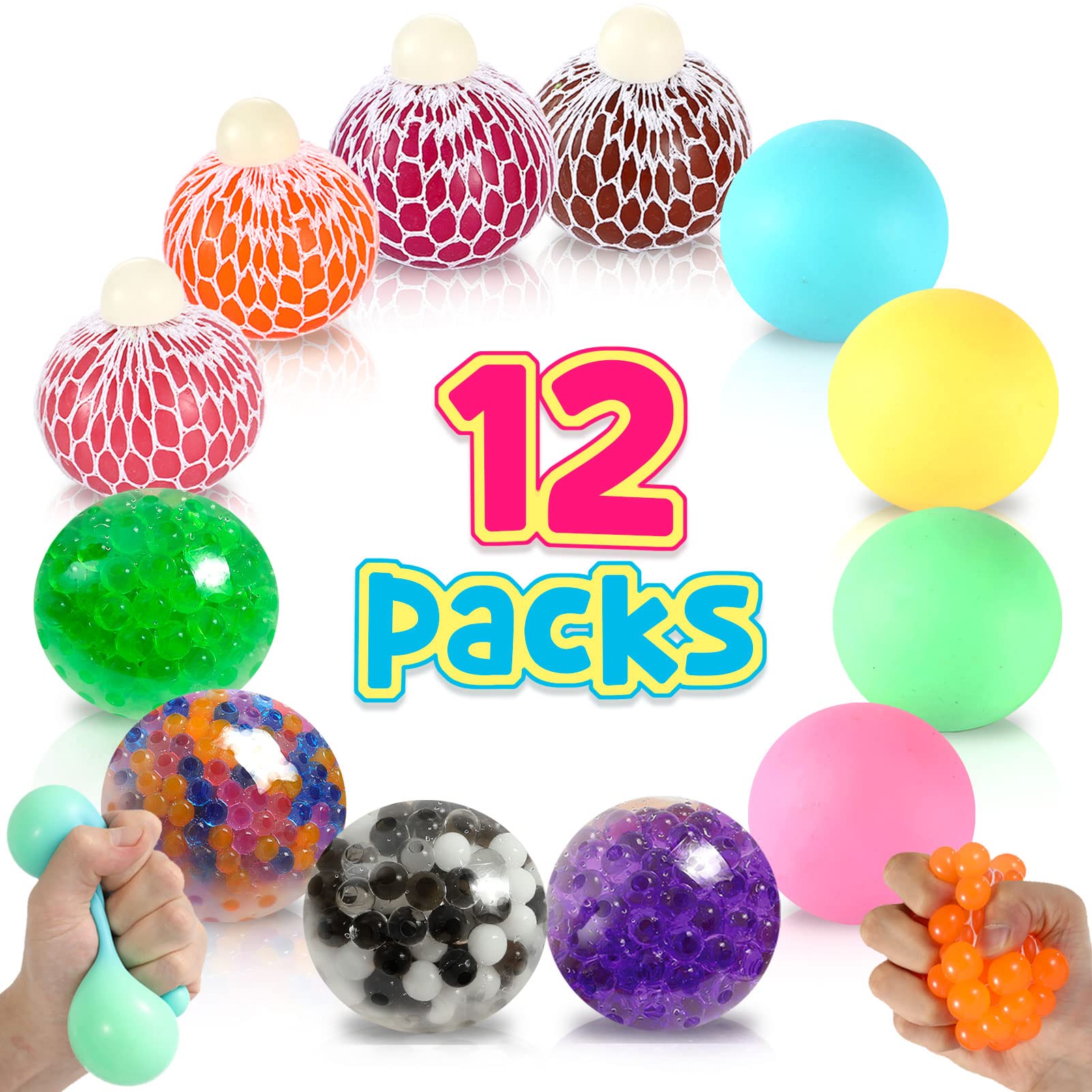 OleOletOy Stress Balls for Kids and Adults - 12 Pack Sensory Toys - Squishy Balls with Water Beads for Anxiety Relief - Fidget Toys for Autism, ADHD, Prize Box for Children