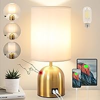 Touch Control Table Lamp for Bedroom, 3 Way Dimmable Gold Bedside Lamps with 2 USB Charging Ports Modern Lamp with Metal Base Fabric Shade for Nightstand Living Room, Home Office(Bulb Included)
