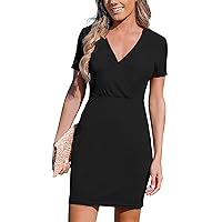 Summer Dresses for Women 2023 Sexy V Neck Short Sleeve Wrap Ruched Bodycon Mini Party Cocktail Dress