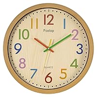 Foxtop Silent Kids Wall Clock 12 Inch Non-Ticking Battery Operated Colorful Childrens Clock for Classroom Playroom Nursery Bedrooms Kids Room School