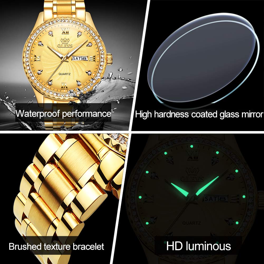 OLEVS Diamond Watches for Men,Business Dress Watch Waterproof Luminous,Male Golden Big Dial Luxury Casual Quartz Analog Watches with Day Date Calendar and Stainless Steel Band