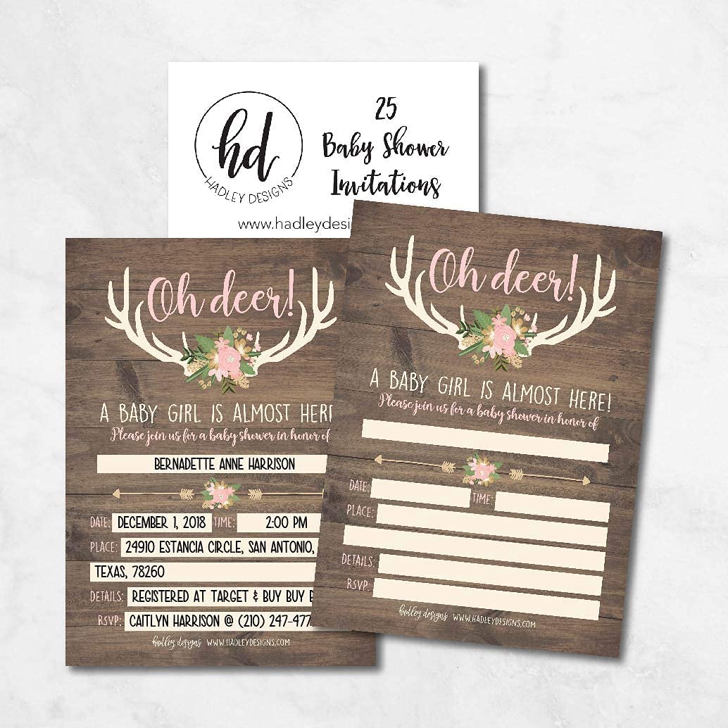 25 Oh Deer Baby Shower Invitations, 25 Books For Baby Shower Request Cards, 25 Baby Shower Diaper Raffle Tickets For Baby Shower Girl, Cute Pink Rustic Buck Write in Diaper Raffle Cards