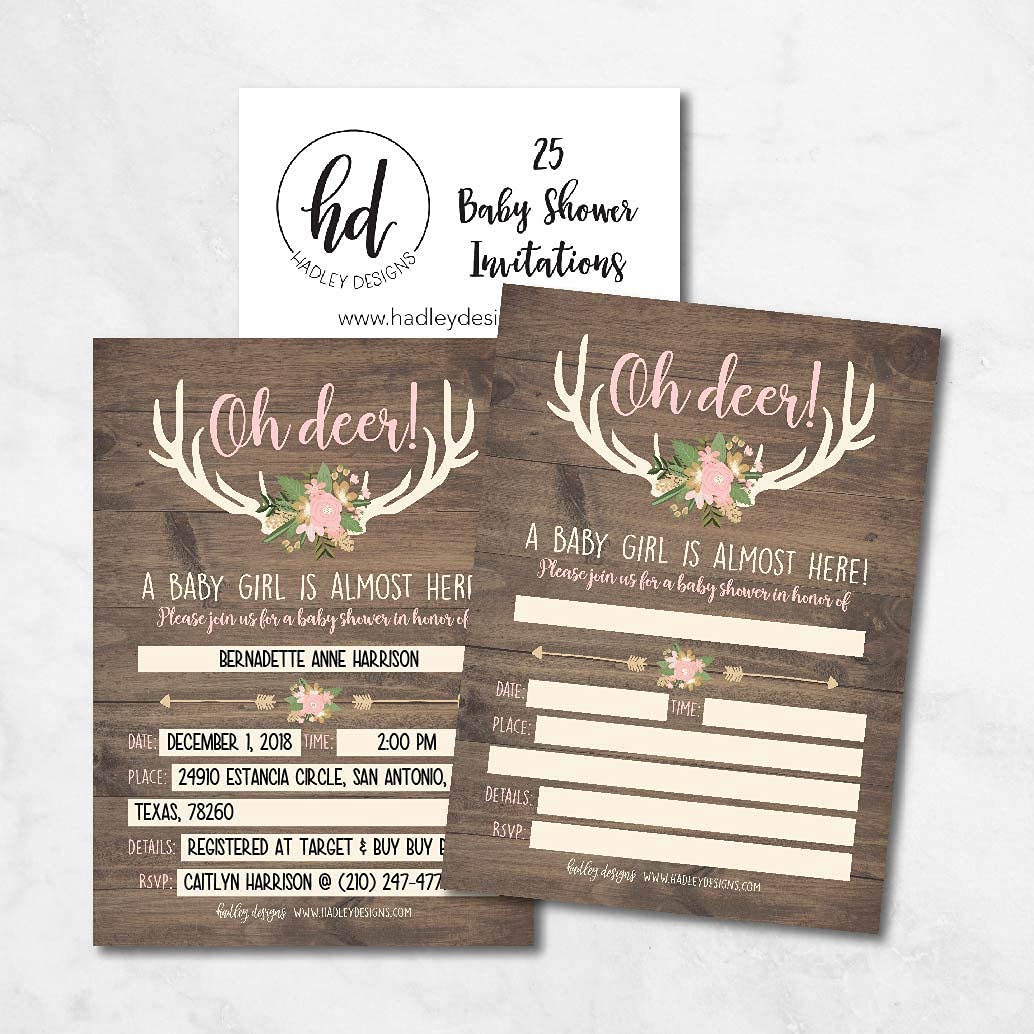 25 Oh Deer Baby Shower Invitations, 25 Baby Shower Diaper Raffle Tickets For Baby Shower Girl, Pink Rustic Buck Fill or Write in Card, Diaper Raffle Cards, Baby Shower Invitation Inserts