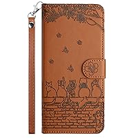 XYX Wallet Case for Samsung S24, PU Leather Flip Protective Phone Case Card Slots Emboss Cat Flower Case with Wrist Strap for Galaxy S24 5G, Brown