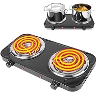 Hot Plate, 2000W Portable Electric Stove for Cooking with 5 Levels Adjustable Temperature & Dual Control, Countertop Double Coil Burner Cast Iron Cooktop for All Cookwares Home Camp RV (Black)