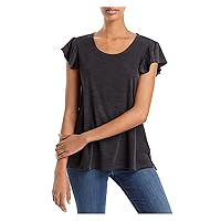 Womens Black Stretch Ribbed Flutter Sleeve Scoop Neck T-Shirt L