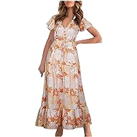 Women's Bohemian Beach V-Neck Trendy Dress Foral Print Hawai Casual Summer Swing Sleeveless Long Floor Maxi Flowy Yellow