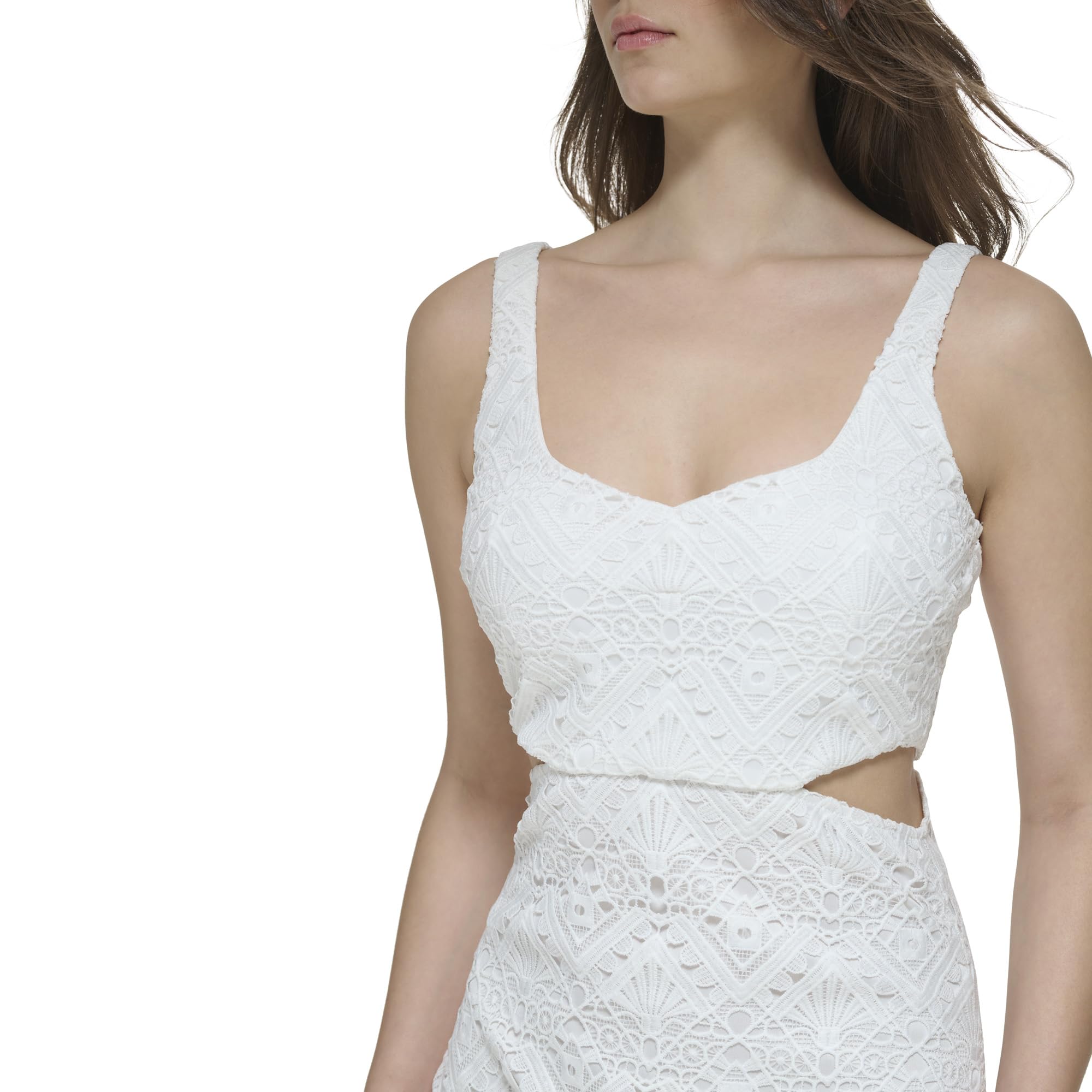 GUESS Women's Sleeveless Lace Cut Out Sheath Dress, White