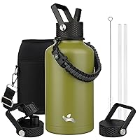 Half Gallon Insulated Water Bottle with Straw,64oz 3 Lids Water Jug with Carrying Bag,Paracord Handle,Double Wall Vacuum Stainless Steel Metal Flask,Forest Green