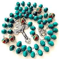 Turquoise TIBET COPPER BEADS STERLING 925 SILVER ROSARY NECKLACE Catholic
