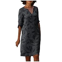 Women's Summer Retro Solid Color Cotton Linen V-Neck Half Sleeve Dress Light Breathable Dress