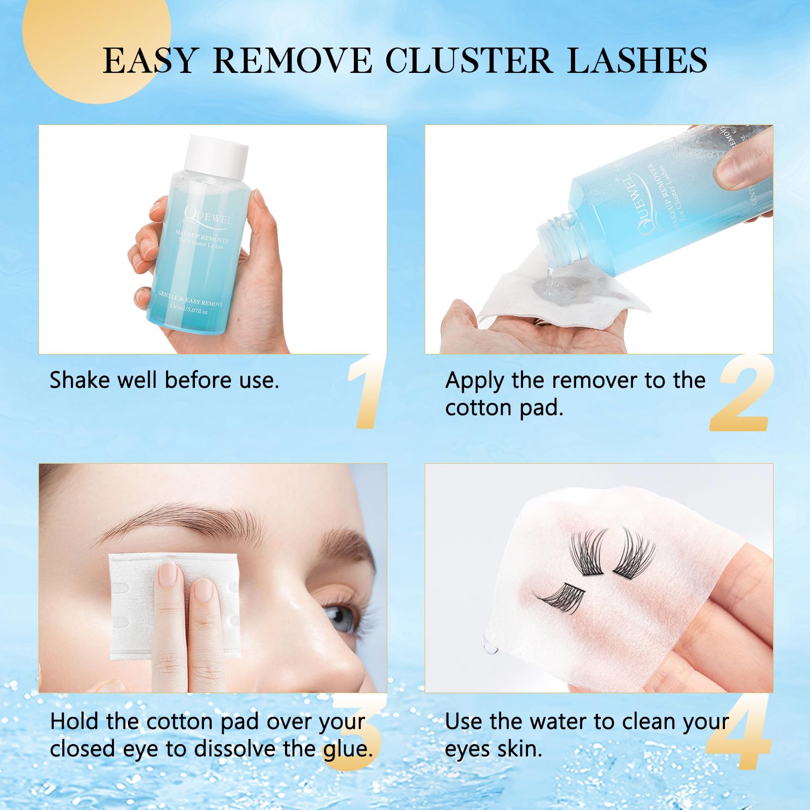 Lash Clusters Glue Remover 150ml Cluster Lashes Remover+QUEWEL Lash Bond and Seal, Lash Cluster Glue for DIY Eyelash Extensions
