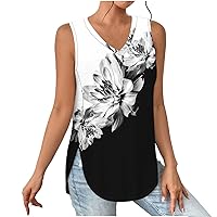 Funny Floral Color Block Tank Tops Women Summer Sleeveless V Neck Tunic Tops Side Split Curved Hem Casual Shirts