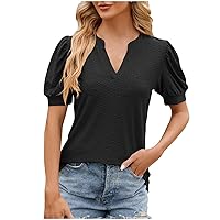 Womens Notch V Neck Shirts Puff Sleeve Casual Tops Summer Comfort Eyelet Tunic Loose Fit Dressy Work T Shirt Blouse