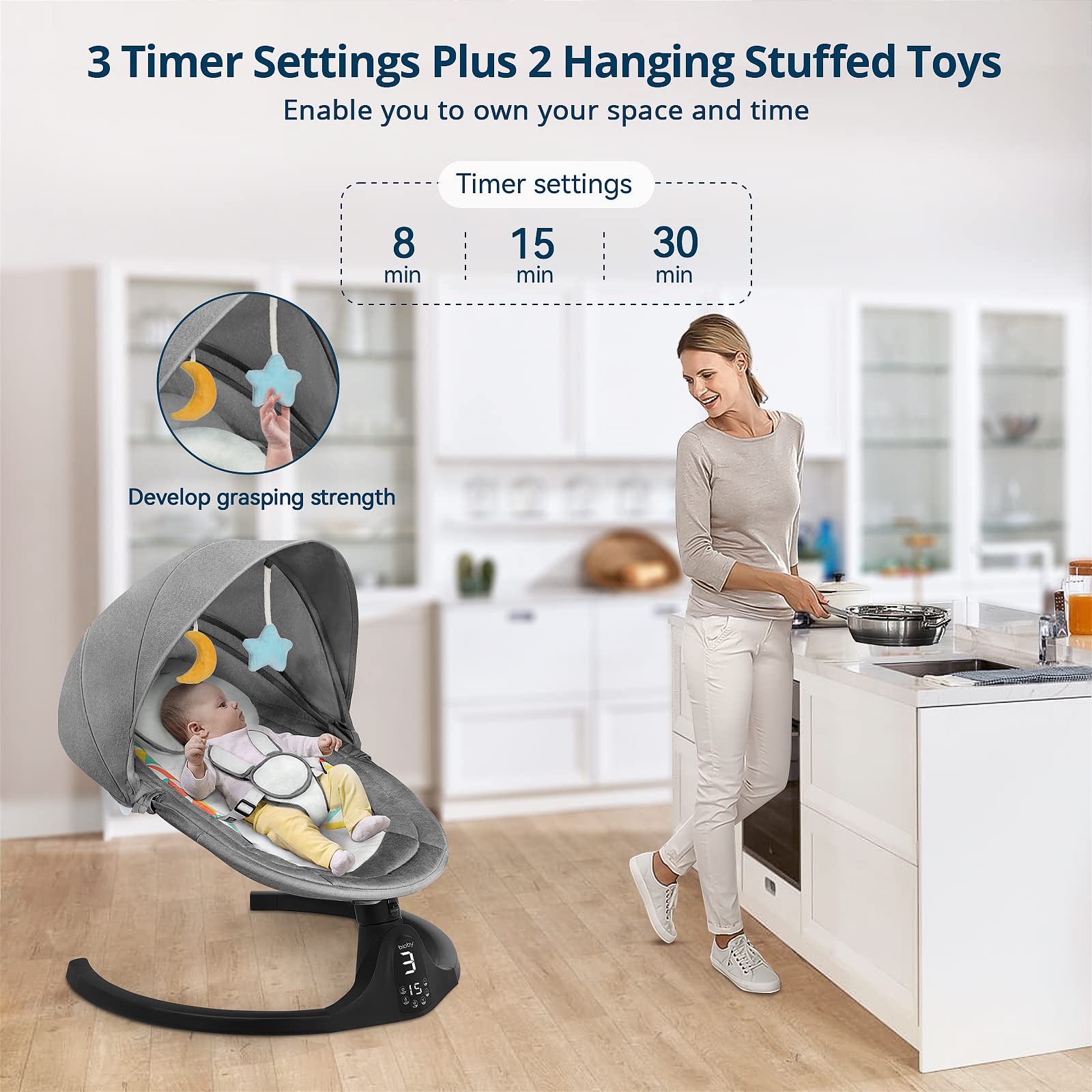 Bioby Baby Swing for Infants,The Five-Point Seat Belt,Bluetooth Touch Screen/Remote Control Baby Bouncer with Music Speaker,Motorized Portable Swing with 5 Swing Speeds（Black）