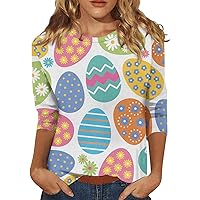 Easter 3/4 Sleeve Tee Womens Tshirt Round Neck Tops Fashion Shirt Egg Print Summer Trendy Blouse Plus Size Summer Tunic