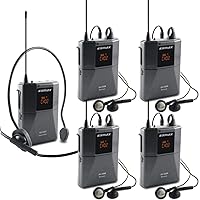 EXMAX UHF-938 UHF Acoustic Transmission Wireless Headset Microphone Audio Tour Guide System 433MHz for Church Translation Teaching Travel Simultaneous Interpretation.(1 Transmitter and 4 Receivers)