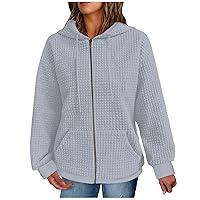 Women's Casual Hoodies Waffle Long Sleeve Drawstring Hoodie Pocket Pullover Top Loose Sweatshirt