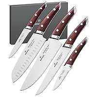 Brewin CHEFILOSOPHI Japanese Chef Knife Set 5 PCS with Elegant Red Pakkawood Handle Ergonomic Design,Professional Ultra Sharp Kitchen Knives for Cooking High Carbon Stainless Steel