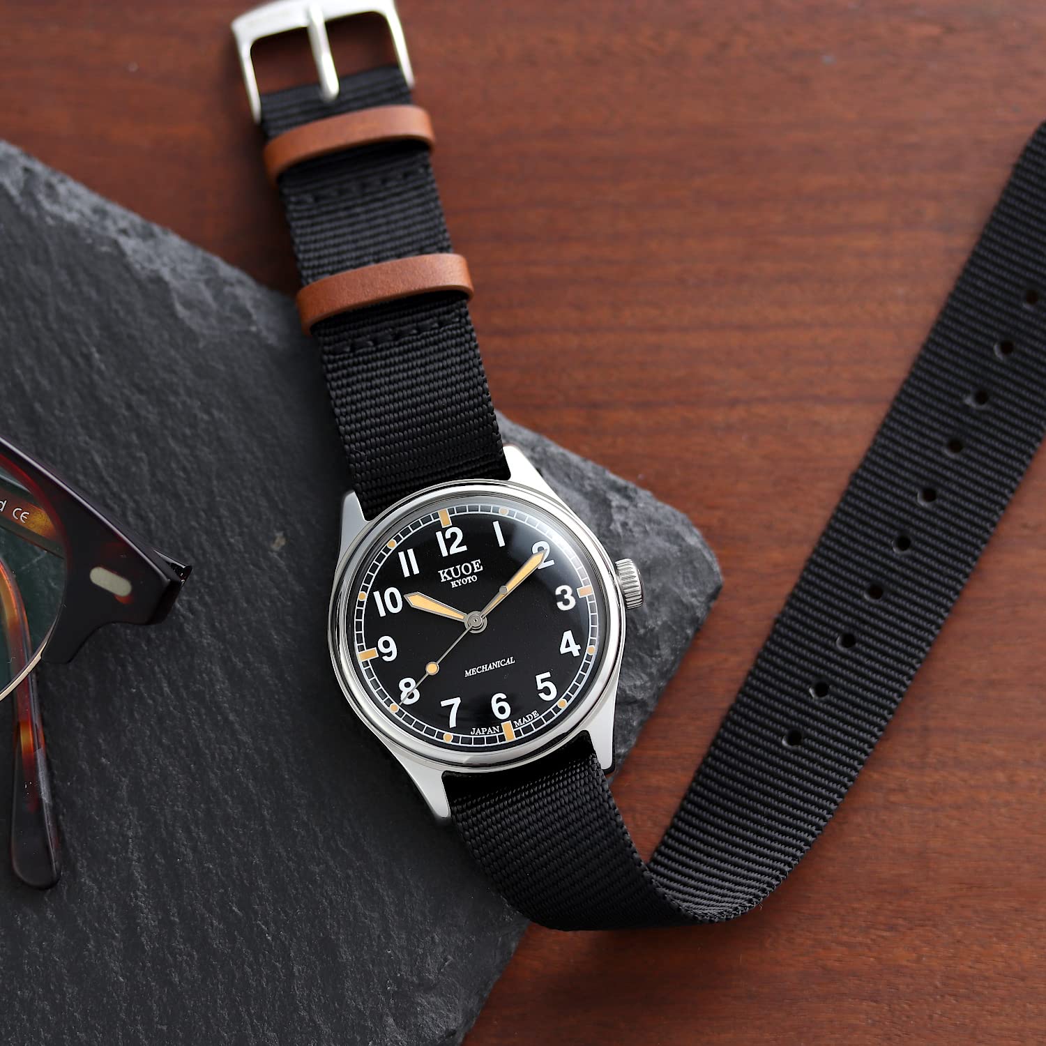 KUOE Old Smith 90-002 Black No-Date, 35mm Automatic Watch with 2 Nylon Bands, NH38 Movement