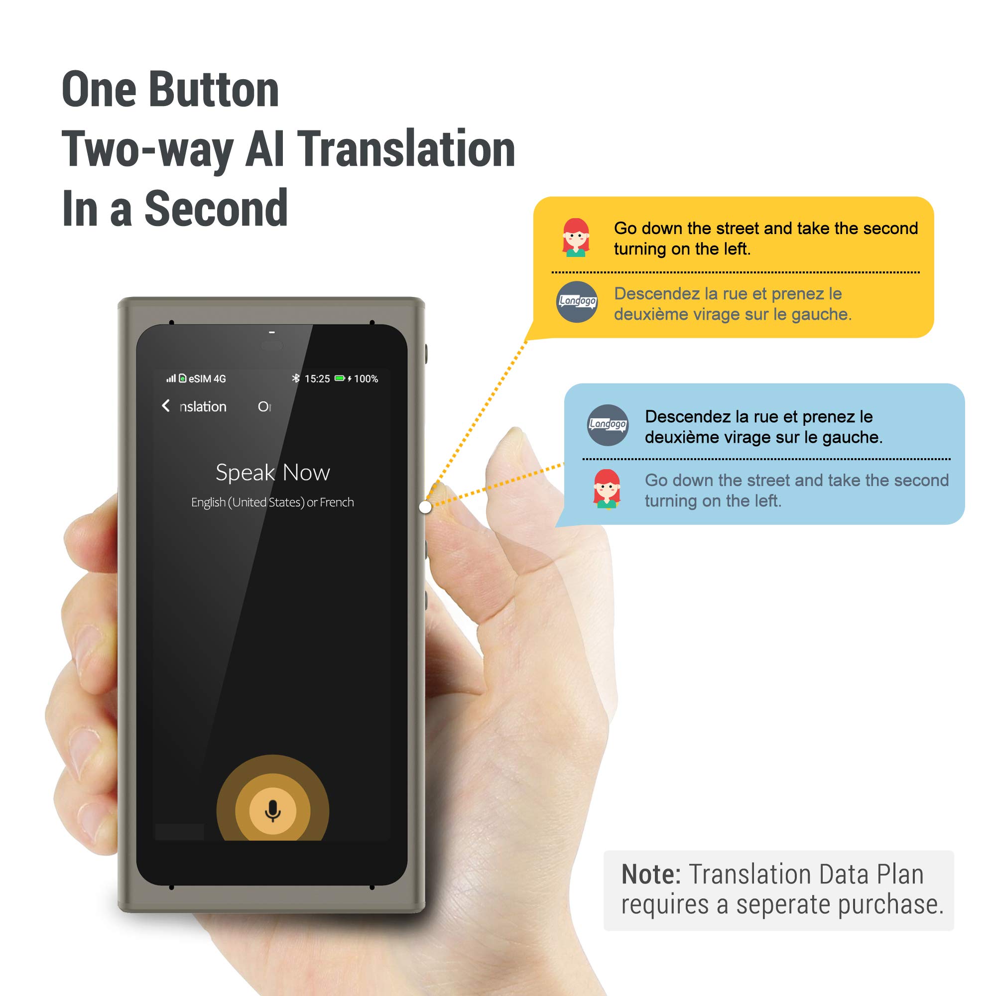 Langogo Summit Instant Two-Way Language Translator Device, Real-time Pocket Traductor with Bluetooth, 104 Languages Voice Interpreter, Built-in Data, 4.0 Inch Display with Photo Translation, Gray