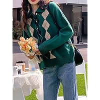 Women's Sweater Argyle Pattern Drop Shoulder Polo Neck Sweater Sweater for Women (Color : Green, Size : Small)