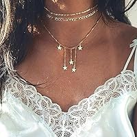 DoubleNine Star Pendant Layering Necklaces Tassels Charm 2 Way Choker Gold Sequins Chic Dainty Jewelry Accessories for Bridesmaid Women Girl set of 2
