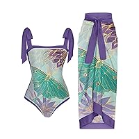 Women Vintage Colorblock Abstract Floral Print 1 Piece Swimwear+1 Piece Cover UP Two Piece Vintage Print Swimsuit