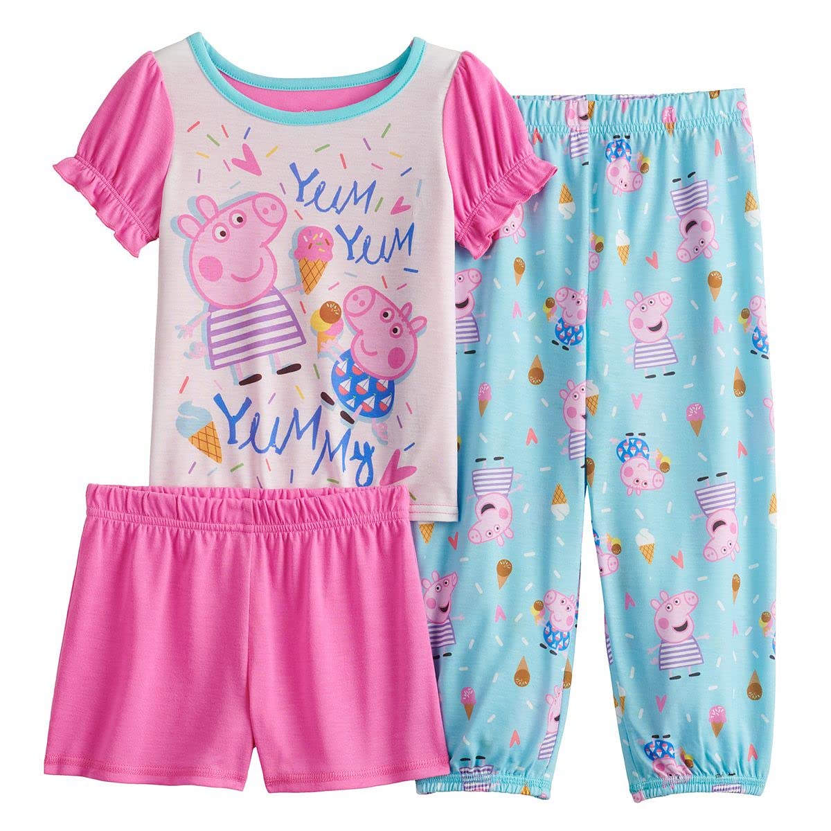 Peppa Pig Girl's YUM YUM YUMMY 3pc Pajama Set, Blue/Pink, 3T