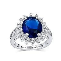 Bling Jewelry Personalize Classic Traditional 5CTW Royal Blue CZ Crown Halo Oval Cubic Zirconia Simulated Sapphire Engagement For Women Side Stones Promise Ring Silver Plated Customizable