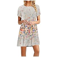 Dresses for Women 2024 Short Sleeve Printing Beach Dress Round Neck Casual Loose Lightweight Shirt Dresses