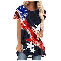 Cute Stars Print Tunic Tops Womens 4th of July Patriotic Shirts Summer Casual Short Sleeve Round Neck Flowy Blouses