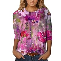 Comfortable t Shirts for Women Summer Tops Round Neck Three Quarter Sleeve Comfortable Flower Print Blouse