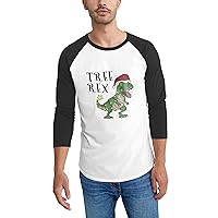 Ma Croix Mens Festive Winter Holidays 3/4 Sleeve Tyrannosaurus Rex Christmas Tree Raglan Style Tee Shirt