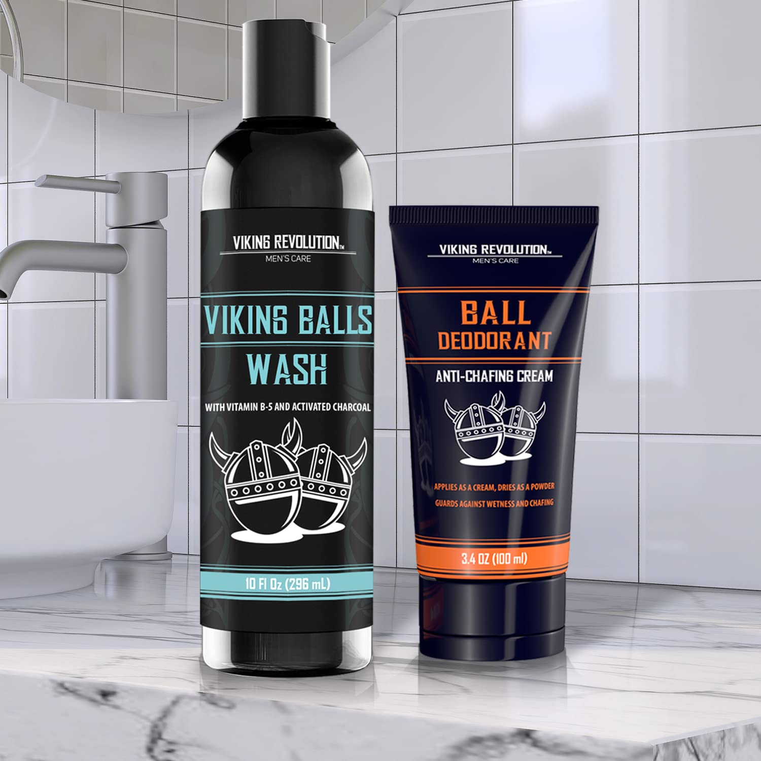 Viking Revolution Mens Balls Wash and Deodorant Talc Free and Anti Chafing for Men (3.4 oz) - Ball wash with Menthol, Vitamin B5 and Activated Charcoal (10 oz)
