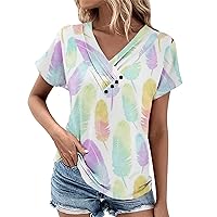 Casual Tops for Women Vintage Tops for Women Summer Print Casual Fashion Button Patchwork with Short Sleeve V Neck Ruched Blouses Light Blue Large