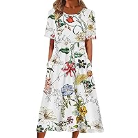 Women Maxi Long Dresses Floral Graphic Loose Fit Dresses for Women Short Sleeve Boat Neck Summer Fall Dresses 2024